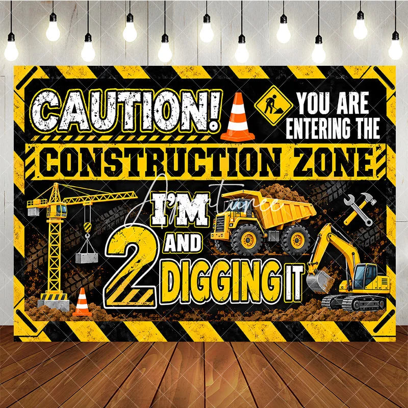 Aperturee - Aperturee Vibrant Yellow Black Construction Zone 2nd Birthday Backdrop featuring Crane Dump Truck Excavator for Boys Party Decor