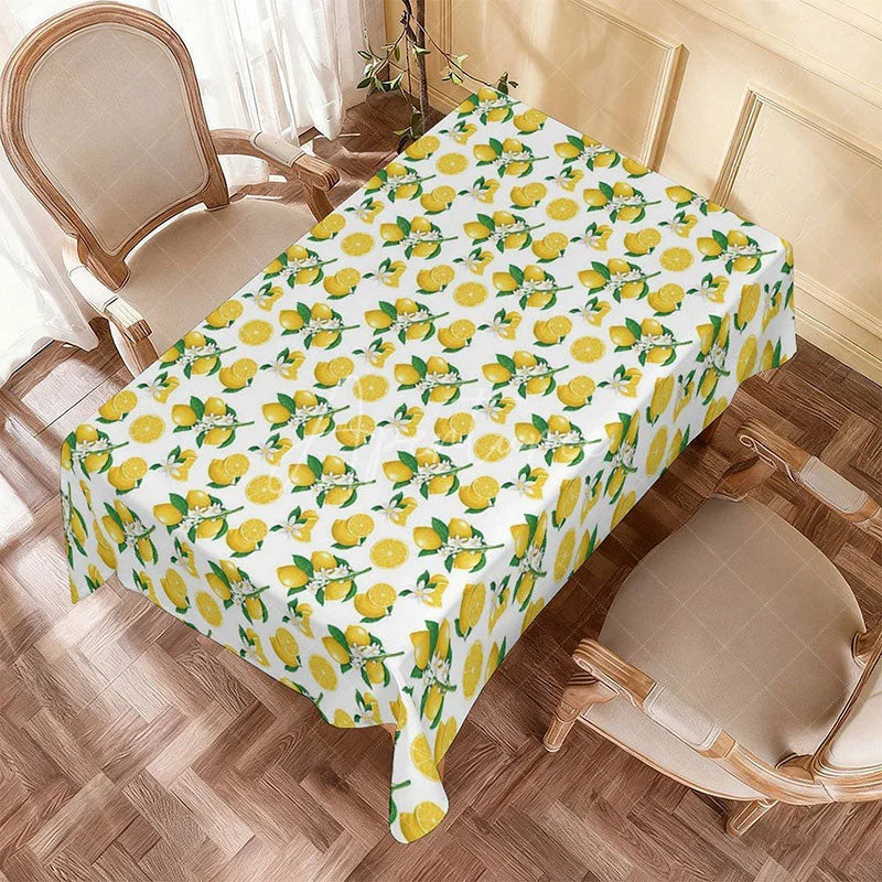 Aperturee - Aperturee Vibrant Yellow Lemon Floral Rectangle Tablecloth Summer Fruit Blossom Kitchen Dining Party Table Decor