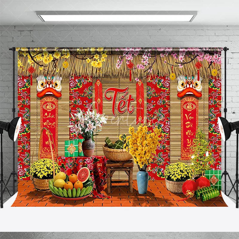Aperturee - Aperturee Vietnamese Lunar New Year Tet Backdrop Traditional Yellow Apricot Blossom Background Spring Festival Party Decoration