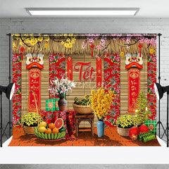Aperturee - Aperturee Vietnamese Lunar New Year Tet Backdrop Traditional Yellow Apricot Blossom Background Spring Festival Party Decoration