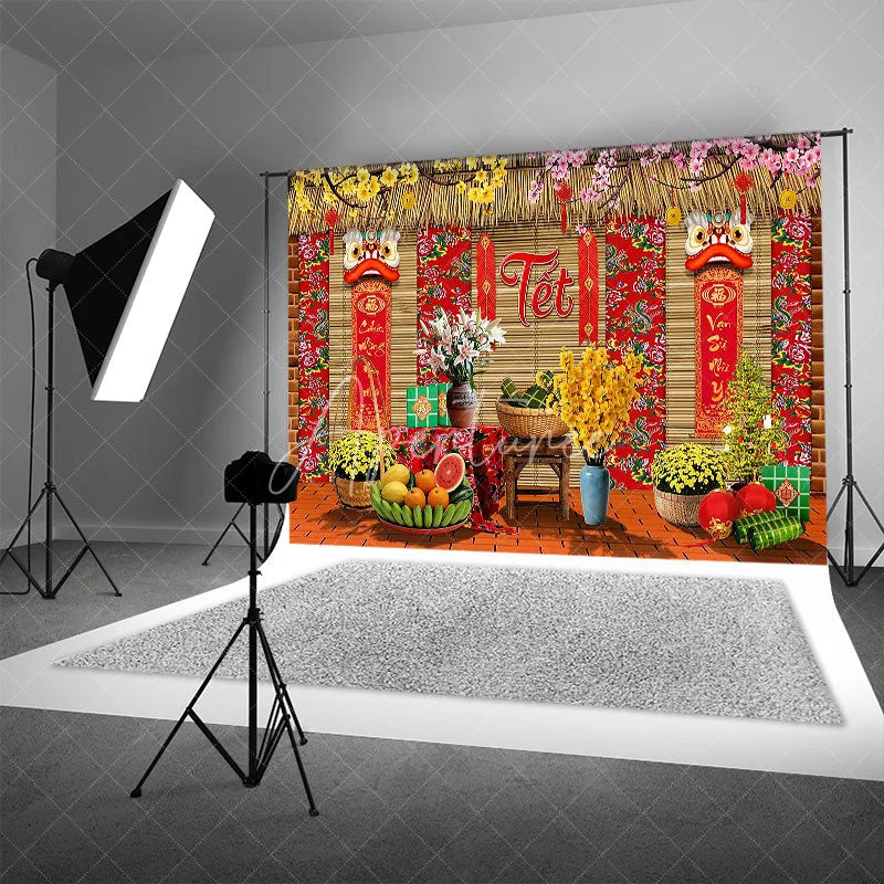 Aperturee - Aperturee Vietnamese Lunar New Year Tet Backdrop Traditional Yellow Apricot Blossom Background Spring Festival Party Decoration