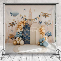 Aperturee - Aperturee Vintage Airplane and Car City Backdrop Retro Travel Theme for Boy Birthday Cake Smash
