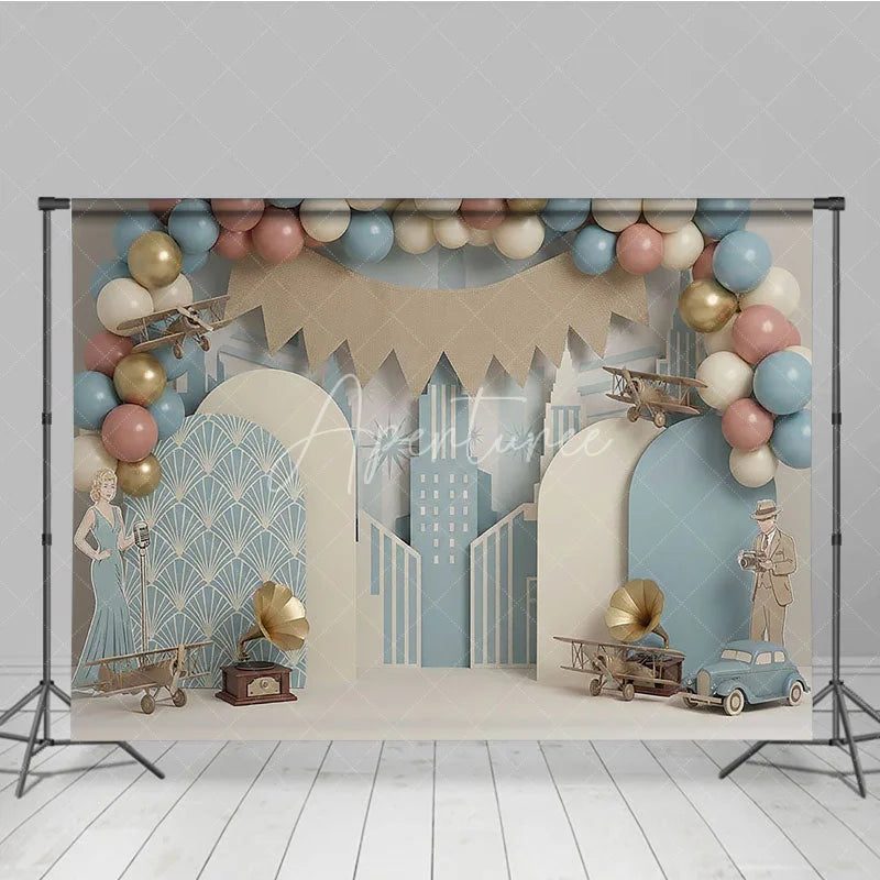Aperturee - Aperturee Vintage Airplane First Birthday Backdrop Retro Blue City and Antique Aviation Cake Smash Photography Background
