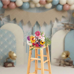 Aperturee - Aperturee Vintage Airplane First Birthday Backdrop Retro Blue City and Antique Aviation Cake Smash Photography Background
