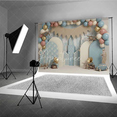 Aperturee - Aperturee Vintage Airplane First Birthday Backdrop Retro Blue City and Antique Aviation Cake Smash Photography Background