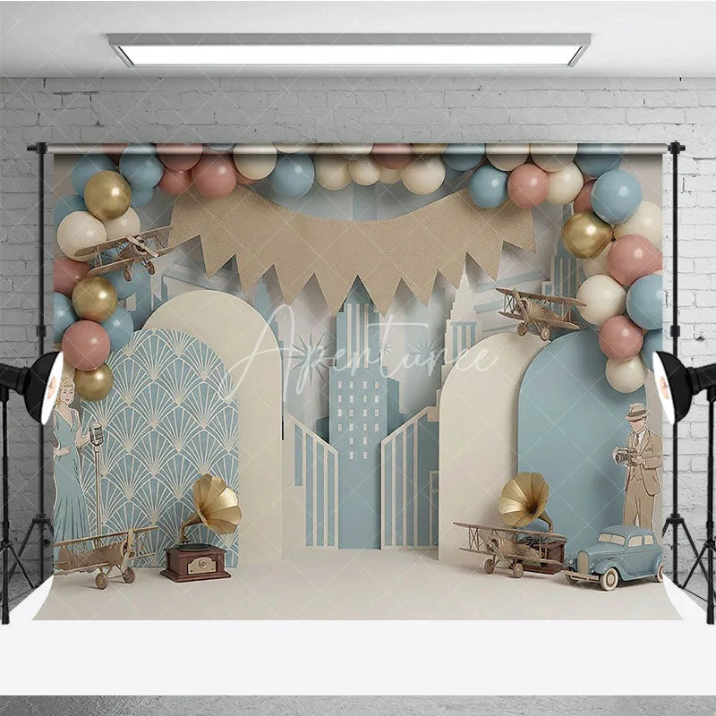 Aperturee - Aperturee Vintage Airplane First Birthday Backdrop Retro Blue City and Antique Aviation Cake Smash Photography Background