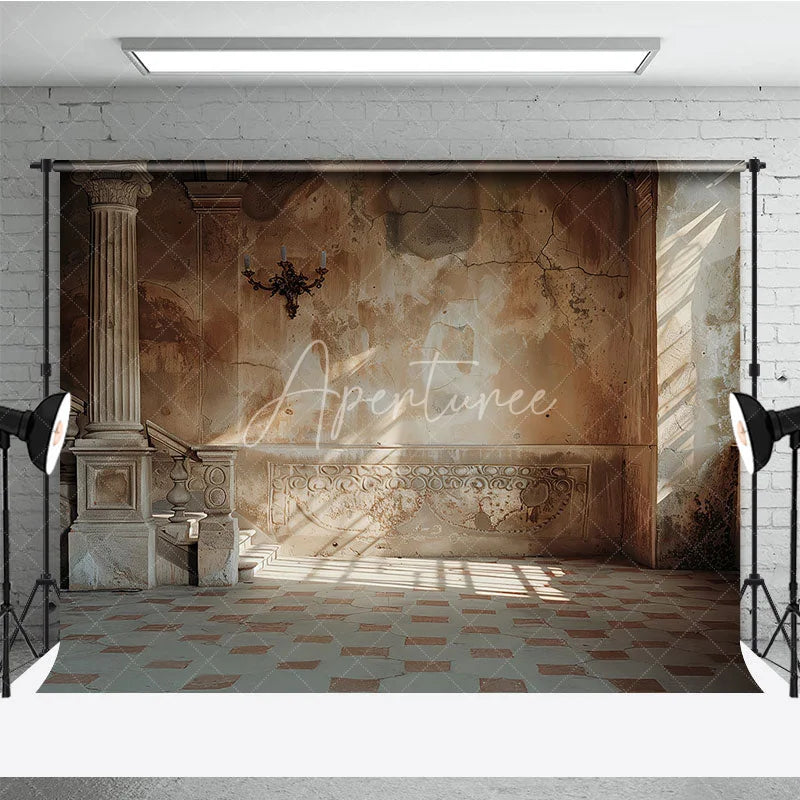 Aperturee - Aperturee Vintage Architecture Backdrop Ancient Stone Pillar and Old Wall Photography Background for Retro Portrait