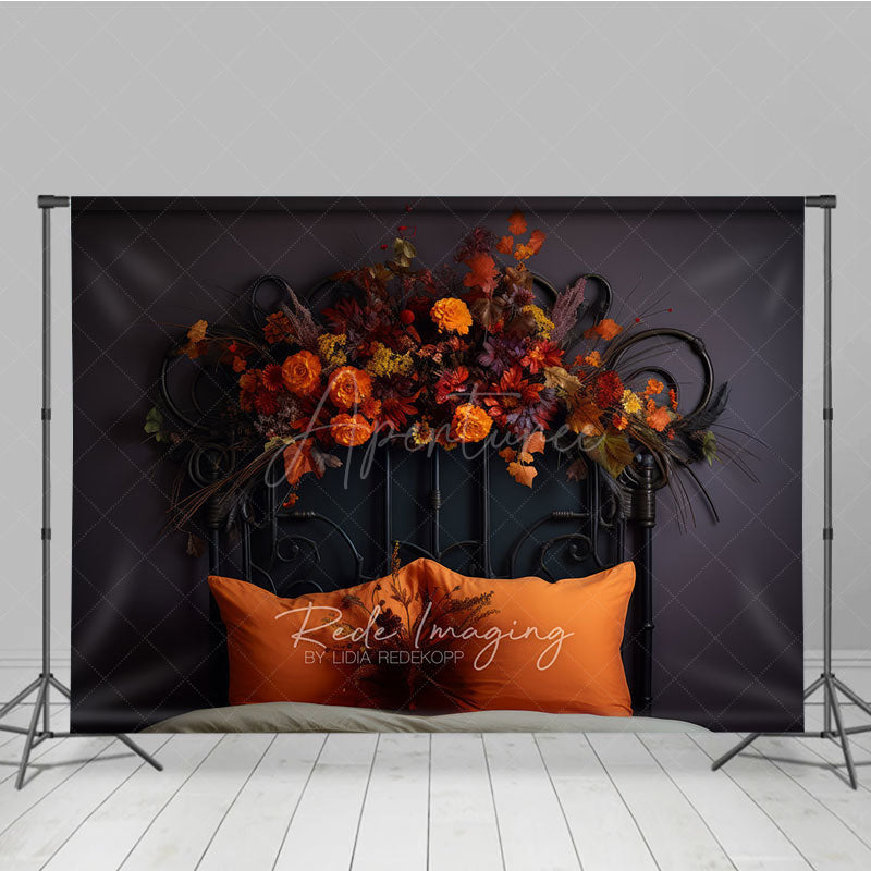 Aperturee Aperturee Vintage Black Headboard Photography Backdrop Moody Autumn Floral Arrangement Dark and Romantic Fall Photo Prop
