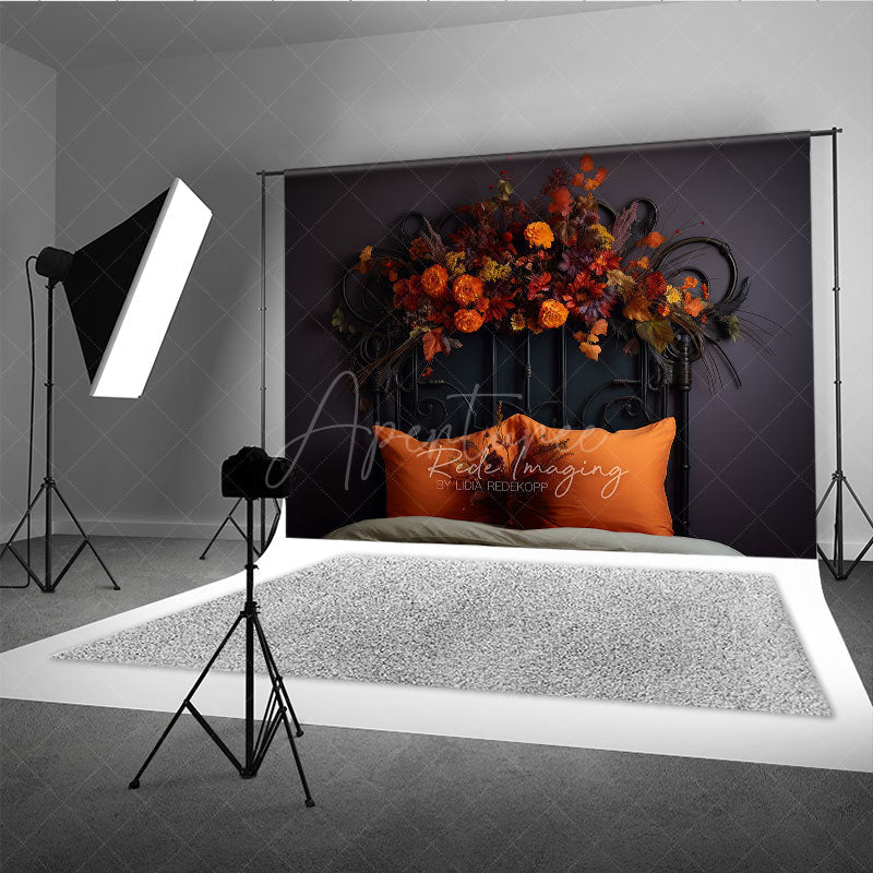 Aperturee Aperturee Vintage Black Headboard Photography Backdrop Moody Autumn Floral Arrangement Dark and Romantic Fall Photo Prop