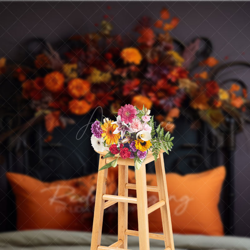 Aperturee Aperturee Vintage Black Headboard Photography Backdrop Moody Autumn Floral Arrangement Dark and Romantic Fall Photo Prop