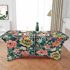 Aperturee - Aperturee Vintage Blossom Flower On Black Stretch Table Cover
