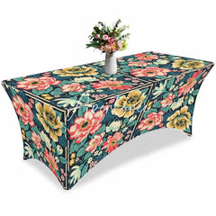 Aperturee - Aperturee Vintage Blossom Flower On Black Stretch Table Cover