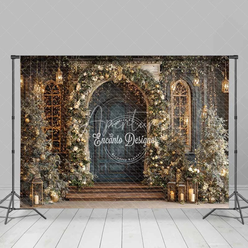 Aperturee - Aperturee Vintage Blue Door Christmas Backdrop Gold Floral Arch Lantern Photography Background