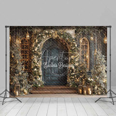 Aperturee - Aperturee Vintage Blue Door Christmas Backdrop Gold Floral Arch Lantern Photography Background