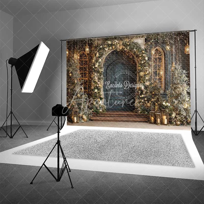 Aperturee - Aperturee Vintage Blue Door Christmas Backdrop Gold Floral Arch Lantern Photography Background