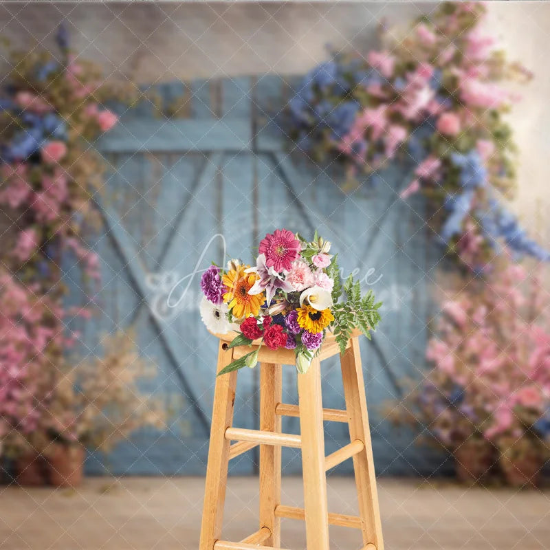 Aperturee - Aperturee Vintage Blue Door Photography Backdrop with Spring Flowers Rustic Painterly Wall Fine Art Photo Background