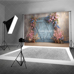 Aperturee - Aperturee Vintage Blue Door Photography Backdrop with Spring Flowers Rustic Painterly Wall Fine Art Photo Background