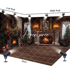 Aperturee - Aperturee Vintage Brown Fireplace Christmas Room Set Backdrop