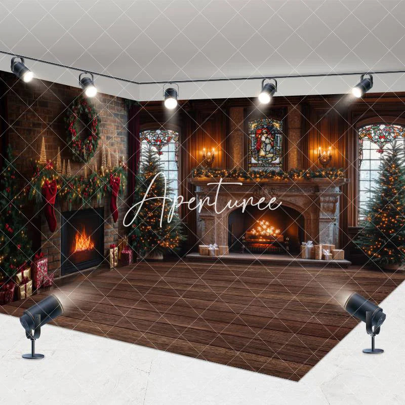 Aperturee - Aperturee Vintage Brown Fireplace Christmas Room Set Backdrop