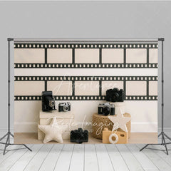 Aperturee - Aperturee Vintage Camera and Film Strip Photo Backdrop Movie Night Photography Background for Studio