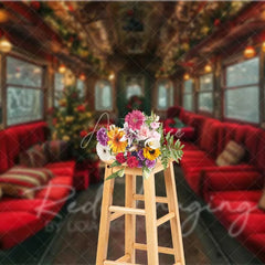 Aperturee - Aperturee Vintage Christmas Train Backdrop Red Seats Snowy Window Tree Journey Photo Background