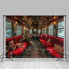 Aperturee - Aperturee Vintage Christmas Train Backdrop Red Seats Snowy Window Tree Journey Photo Background