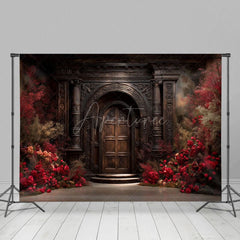 Aperturee - Aperturee Vintage Copper Door Red Floral Wedding Photo Backdrop