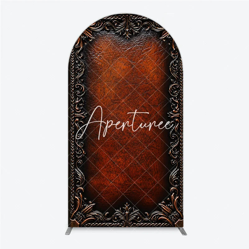 Aperturee - Aperturee Vintage Dark Brown Leather Texture with Ornate Bronze Metallic Frame Round Top Arch Backdrop Classic Photography Prop