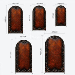 Aperturee - Aperturee Vintage Dark Brown Leather Texture with Ornate Bronze Metallic Frame Round Top Arch Backdrop Classic Photography Prop