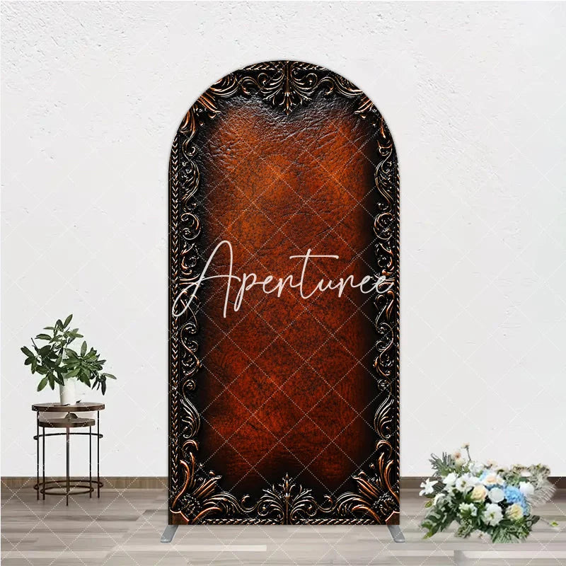 Aperturee - Aperturee Vintage Dark Brown Leather Texture with Ornate Bronze Metallic Frame Round Top Arch Backdrop Classic Photography Prop