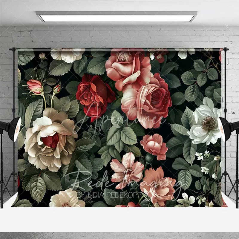 Aperturee - Aperturee Vintage Dark Floral Photography Backdrop Red Pink Roses Pattern Photo Background Moody Romantic Photo Prop