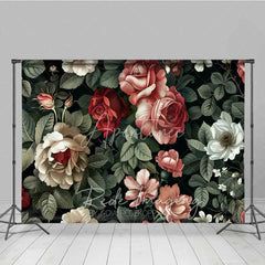 Aperturee - Aperturee Vintage Dark Floral Photography Backdrop Red Pink Roses Pattern Photo Background Moody Romantic Photo Prop