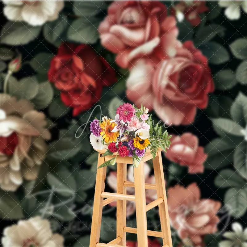 Aperturee - Aperturee Vintage Dark Floral Photography Backdrop Red Pink Roses Pattern Photo Background Moody Romantic Photo Prop