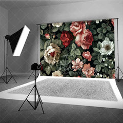 Aperturee - Aperturee Vintage Dark Floral Photography Backdrop Red Pink Roses Pattern Photo Background Moody Romantic Photo Prop