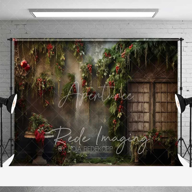 Aperturee - Aperturee Vintage Floral Christmas Backdrop Hanging Greenery Red Berries Old Window Photo Background
