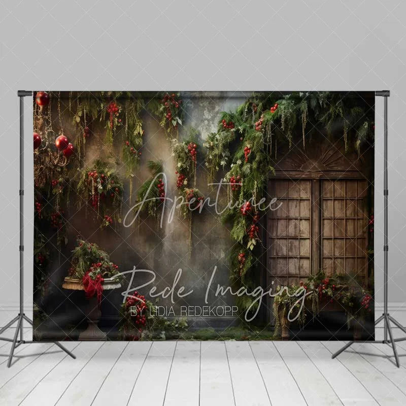 Aperturee - Aperturee Vintage Floral Christmas Backdrop Hanging Greenery Red Berries Old Window Photo Background