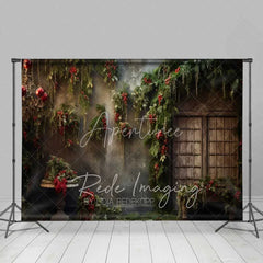 Aperturee - Aperturee Vintage Floral Christmas Backdrop Hanging Greenery Red Berries Old Window Photo Background