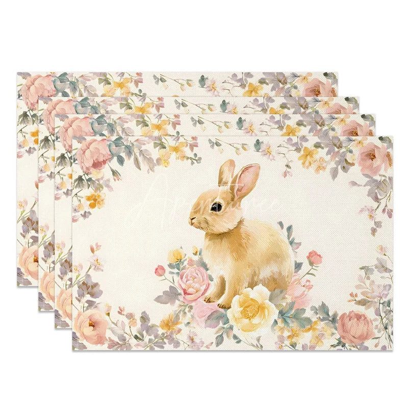 Aperturee - Aperturee Vintage Floral Easter Bunny Set of 4 Placemats Pink Rose Rabbit Spring Table Mats for Party