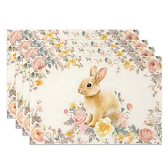 Aperturee - Aperturee Vintage Floral Easter Bunny Set of 4 Placemats Pink Rose Rabbit Spring Table Mats for Party