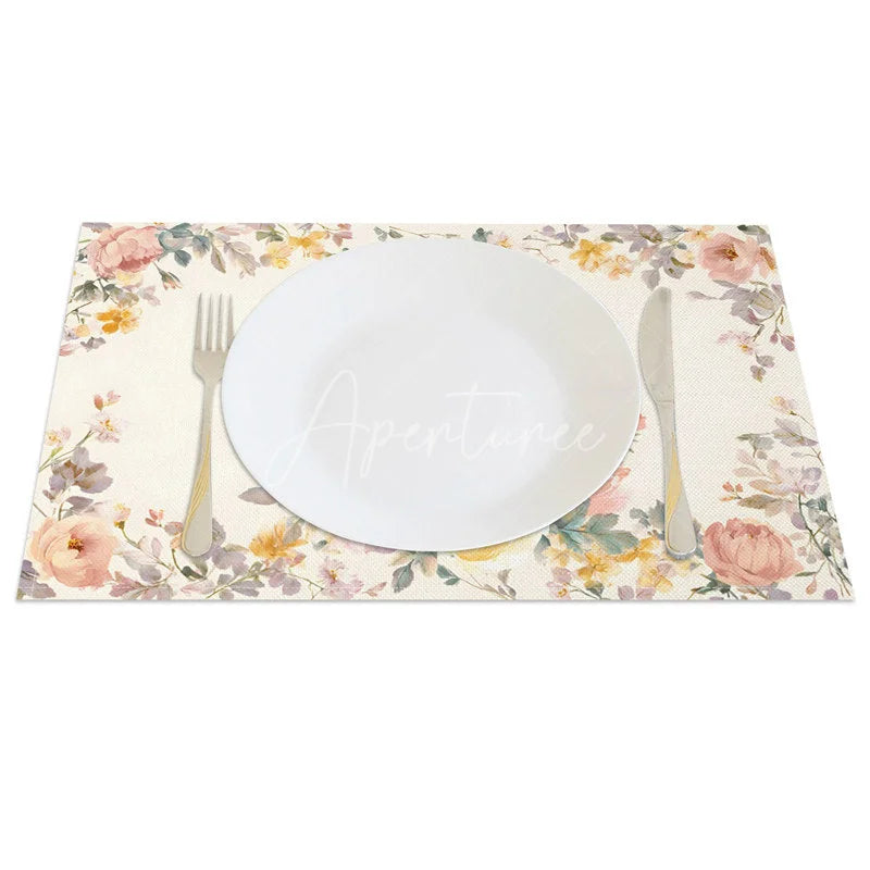 Aperturee - Aperturee Vintage Floral Easter Bunny Set of 4 Placemats Pink Rose Rabbit Spring Table Mats for Party
