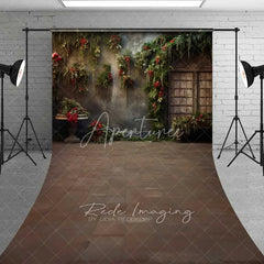 Aperturee - Aperturee Vintage Floral Grunge Sweep Backdrop Hanging Greenery Red Berries Old Window Floor Photo Background