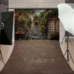 Aperturee - Aperturee Vintage Floral Grunge Sweep Backdrop Hanging Greenery Red Berries Old Window Floor Photo Background
