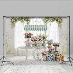 Aperturee - Aperturee Vintage Flower Cart Photography Backdrop with Striped Awning Arched Window and Pastel Roses for Spring Baby Shower
