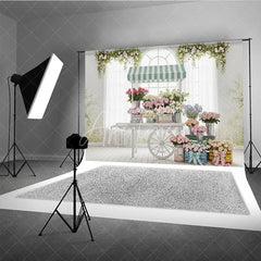 Aperturee - Aperturee Vintage Flower Cart Photography Backdrop with Striped Awning Arched Window and Pastel Roses for Spring Baby Shower