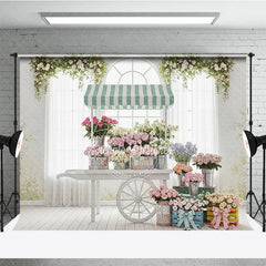 Aperturee - Aperturee Vintage Flower Cart Photography Backdrop with Striped Awning Arched Window and Pastel Roses for Spring Baby Shower