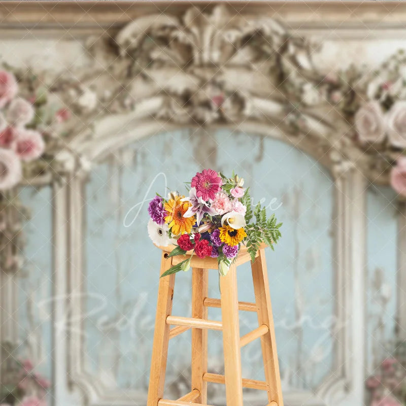 Aperturee - Aperturee Vintage French Carved Wall Photography Backdrop Shabby Chic Pink Floral Photo Background