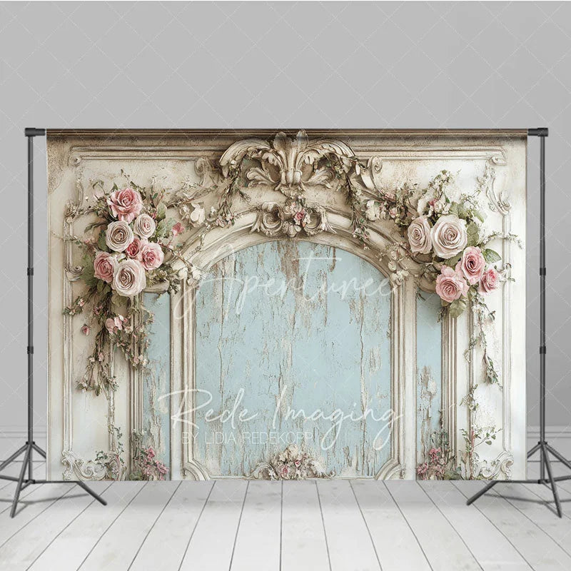 Aperturee - Aperturee Vintage French Carved Wall Photography Backdrop Shabby Chic Pink Floral Photo Background