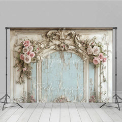 Aperturee - Aperturee Vintage French Carved Wall Photography Backdrop Shabby Chic Pink Floral Photo Background