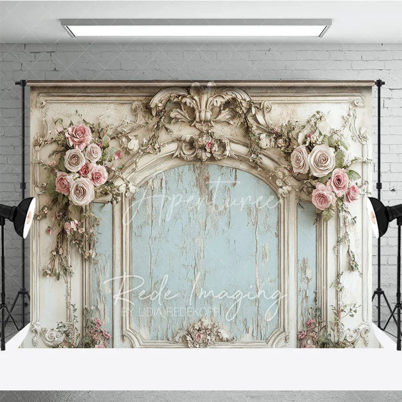 Aperturee - Aperturee Vintage French Carved Wall Photography Backdrop Shabby Chic Pink Floral Photo Background