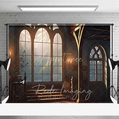 Aperturee - Aperturee Vintage Gothic Window View Photography Backdrop Mountain Landscape Old Room Background Fantasy Architecture Photo Prop